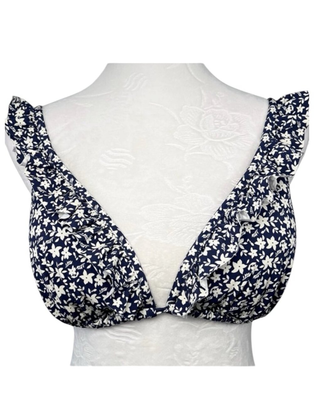 ⁠Other Stories Bikini Top Paris Atelier Blue White Floral Ruffle Swim 10 NWT⁠